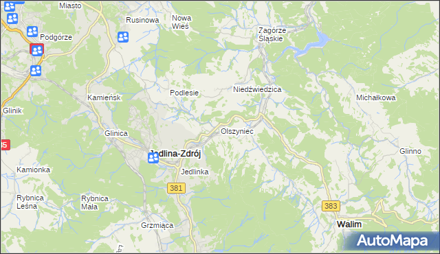 mapa Olszyniec gmina Walim, Olszyniec gmina Walim na mapie Targeo