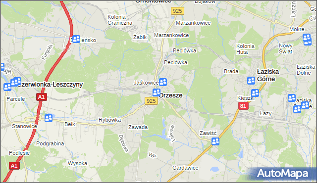 mapa Orzesze powiat mikołowski, Orzesze powiat mikołowski na mapie Targeo