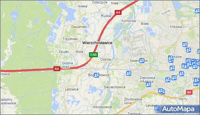 mapa Ostrów gmina Wierzchosławice, Ostrów gmina Wierzchosławice na mapie Targeo