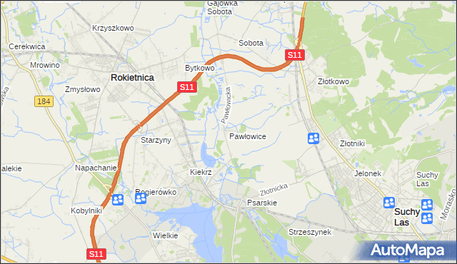 mapa Pawłowice gmina Rokietnica, Pawłowice gmina Rokietnica na mapie Targeo