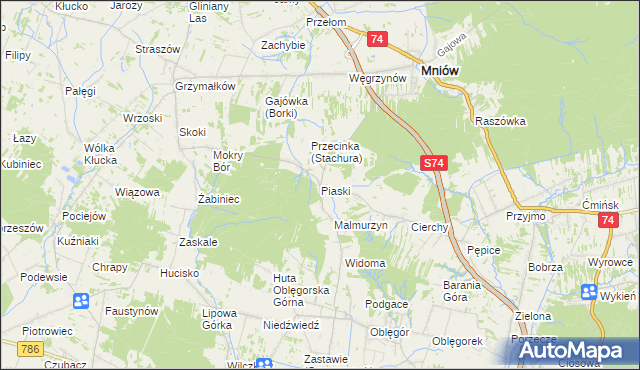 mapa Piaski gmina Mniów, Piaski gmina Mniów na mapie Targeo