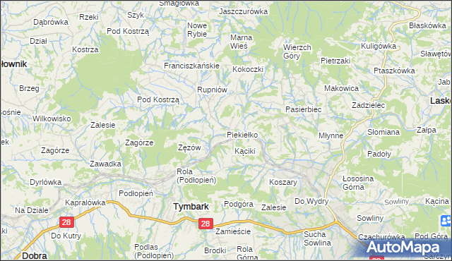 mapa Piekiełko gmina Tymbark, Piekiełko gmina Tymbark na mapie Targeo