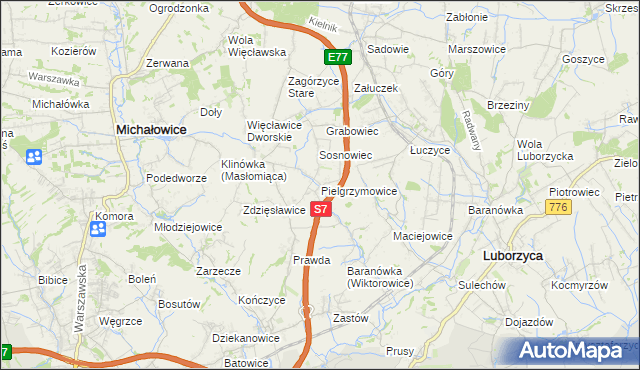 mapa Pielgrzymowice gmina Michałowice, Pielgrzymowice gmina Michałowice na mapie Targeo