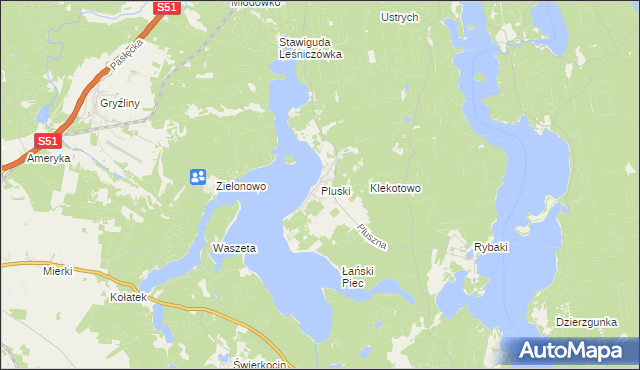mapa Pluski gmina Stawiguda, Pluski gmina Stawiguda na mapie Targeo