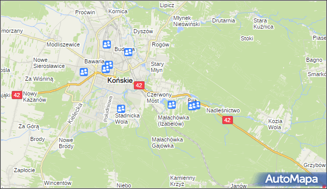 mapa Pomyków gmina Końskie, Pomyków gmina Końskie na mapie Targeo