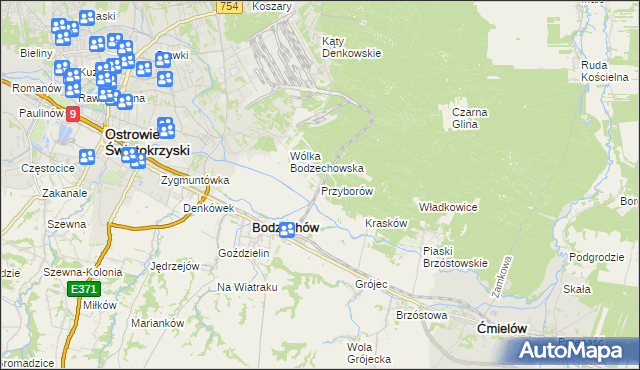 mapa Przyborów gmina Bodzechów, Przyborów gmina Bodzechów na mapie Targeo