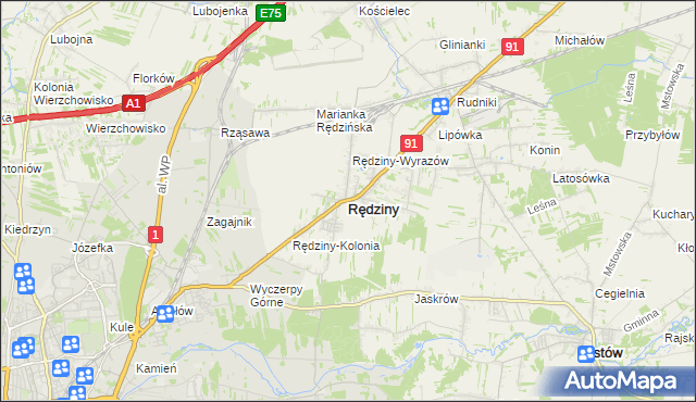 mapa Rędziny powiat częstochowski, Rędziny powiat częstochowski na mapie Targeo