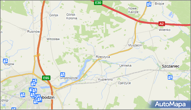 mapa Rzeczyca gmina Świebodzin, Rzeczyca gmina Świebodzin na mapie Targeo