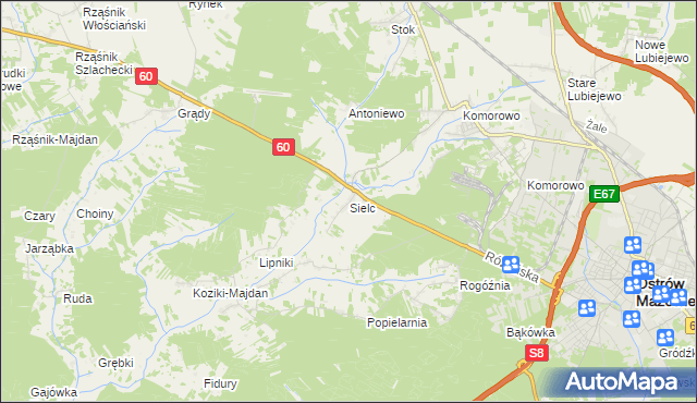 mapa Sielc gmina Ostrów Mazowiecka, Sielc gmina Ostrów Mazowiecka na mapie Targeo