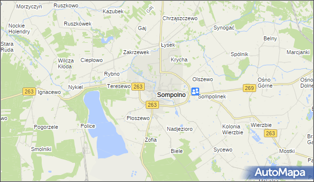 mapa Sompolno, Sompolno na mapie Targeo
