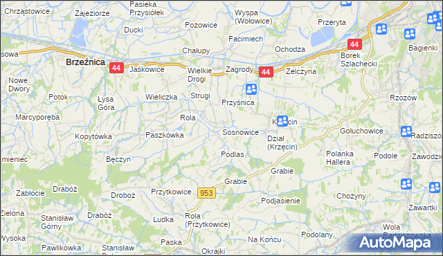 mapa Sosnowice gmina Brzeźnica, Sosnowice gmina Brzeźnica na mapie Targeo
