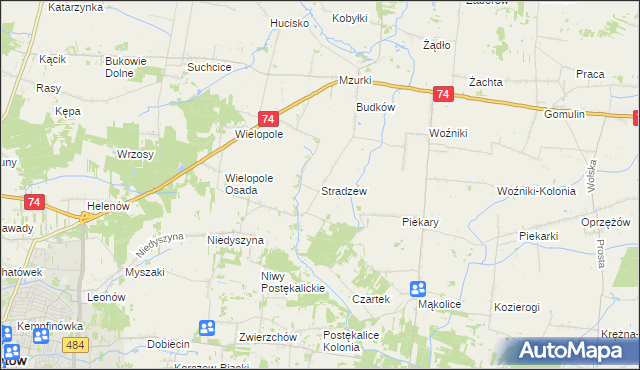 mapa Stradzew gmina Wola Krzysztoporska, Stradzew gmina Wola Krzysztoporska na mapie Targeo