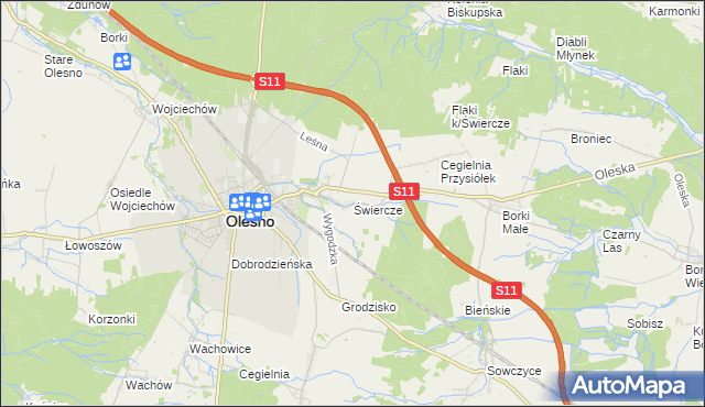 mapa Świercze gmina Olesno, Świercze gmina Olesno na mapie Targeo