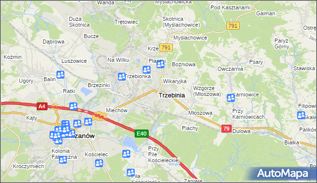 mapa Trzebinia powiat chrzanowski, Trzebinia powiat chrzanowski na mapie Targeo