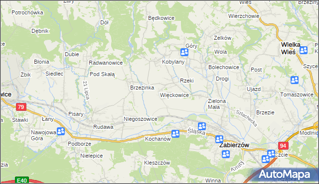 mapa Więckowice gmina Zabierzów, Więckowice gmina Zabierzów na mapie Targeo