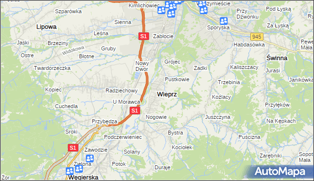 mapa Wieprz gmina Radziechowy-Wieprz, Wieprz gmina Radziechowy-Wieprz na mapie Targeo