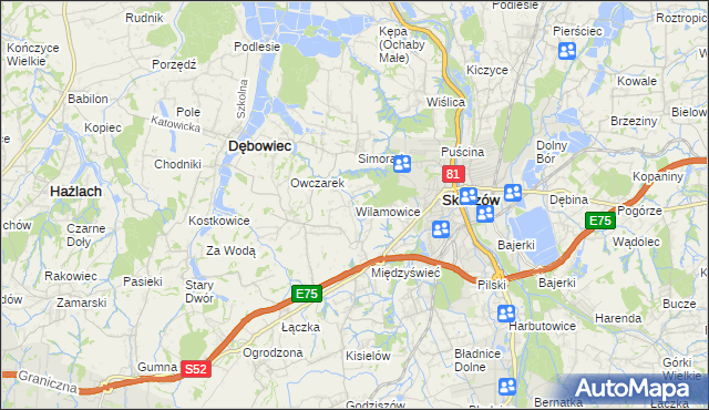 mapa Wilamowice gmina Skoczów, Wilamowice gmina Skoczów na mapie Targeo