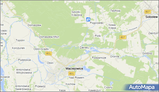 mapa Zakręty gmina Maciejowice, Zakręty gmina Maciejowice na mapie Targeo