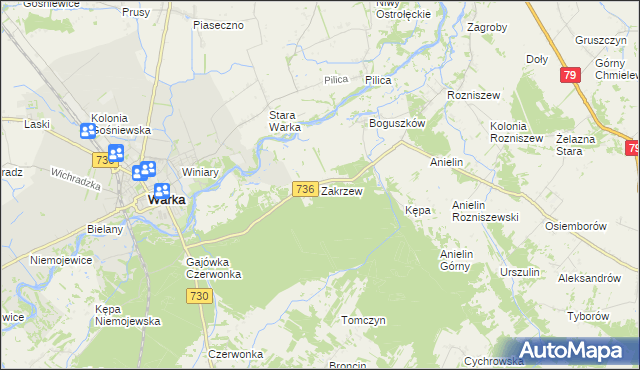 mapa Zakrzew gmina Grabów nad Pilicą, Zakrzew gmina Grabów nad Pilicą na mapie Targeo