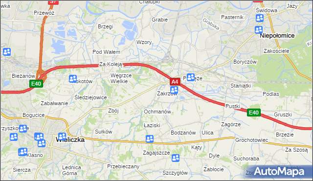 mapa Zakrzów gmina Niepołomice, Zakrzów gmina Niepołomice na mapie Targeo