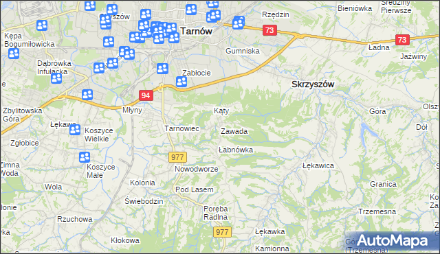 mapa Zawada gmina Tarnów, Zawada gmina Tarnów na mapie Targeo