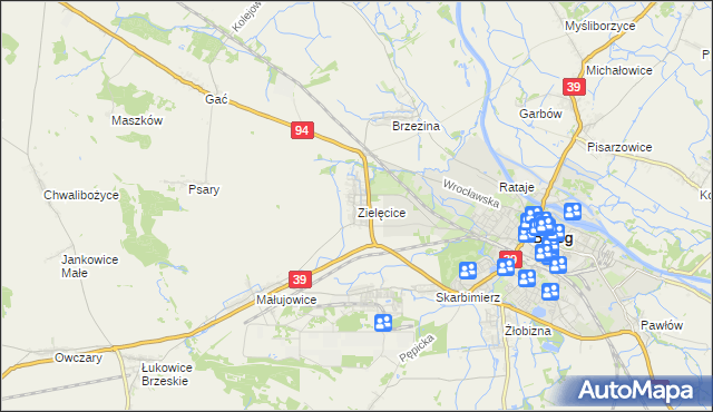 mapa Zielęcice gmina Skarbimierz, Zielęcice gmina Skarbimierz na mapie Targeo