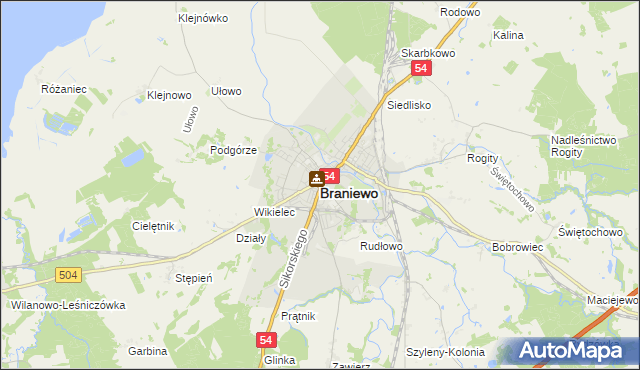 mapa Braniewo, Braniewo na mapie Targeo