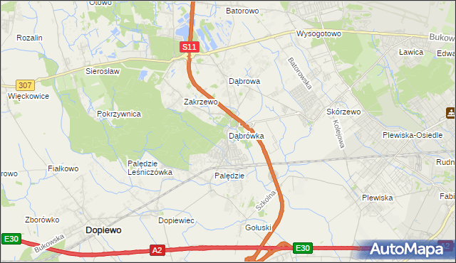 mapa Dąbrówka gmina Dopiewo, Dąbrówka gmina Dopiewo na mapie Targeo