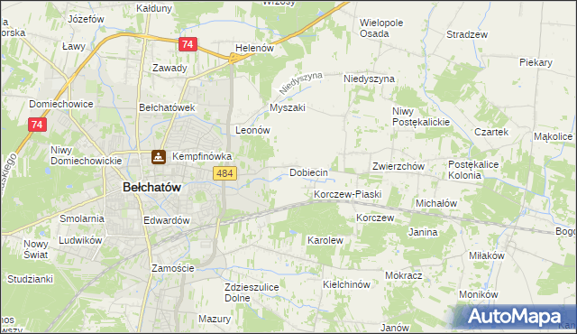 mapa Dobiecin gmina Bełchatów, Dobiecin gmina Bełchatów na mapie Targeo