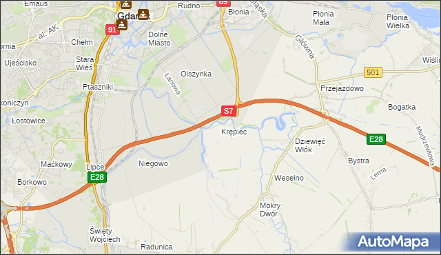 mapa Krępiec gmina Pruszcz Gdański, Krępiec gmina Pruszcz Gdański na mapie Targeo