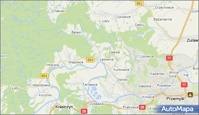 mapa Łętownia gmina Przemyśl, Łętownia gmina Przemyśl na mapie Targeo