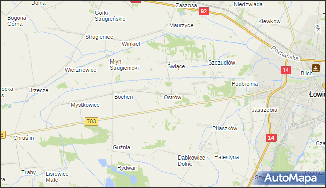 mapa Ostrów gmina Łowicz, Ostrów gmina Łowicz na mapie Targeo