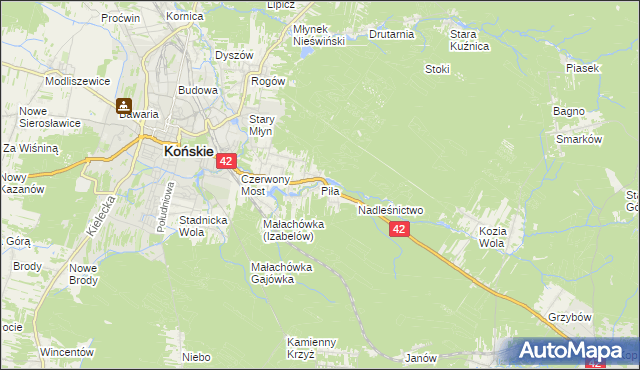 mapa Piła gmina Końskie, Piła gmina Końskie na mapie Targeo