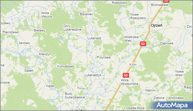 mapa Przyrowa gmina Ojrzeń, Przyrowa gmina Ojrzeń na mapie Targeo