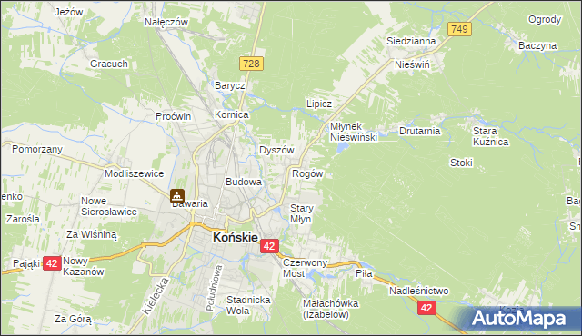 mapa Rogów gmina Końskie, Rogów gmina Końskie na mapie Targeo