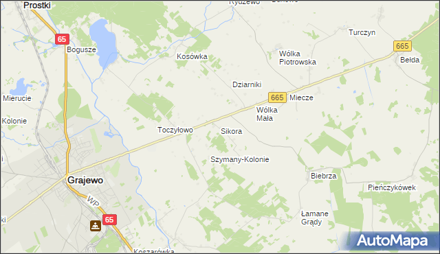 mapa Sikora gmina Grajewo, Sikora gmina Grajewo na mapie Targeo