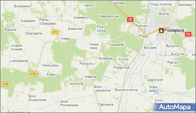 mapa Wylazłów gmina Poddębice, Wylazłów gmina Poddębice na mapie Targeo