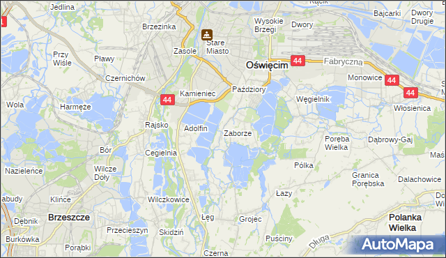 mapa Zaborze gmina Oświęcim, Zaborze gmina Oświęcim na mapie Targeo