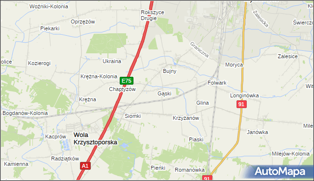 mapa Gąski gmina Wola Krzysztoporska, Gąski gmina Wola Krzysztoporska na mapie Targeo