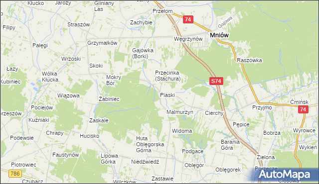 mapa Piaski gmina Mniów, Piaski gmina Mniów na mapie Targeo
