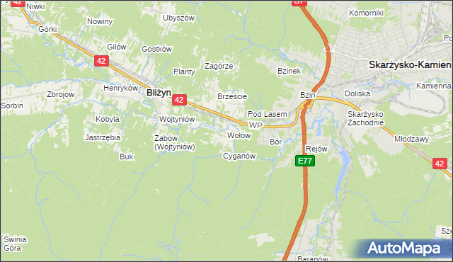 mapa Wołów gmina Bliżyn, Wołów gmina Bliżyn na mapie Targeo
