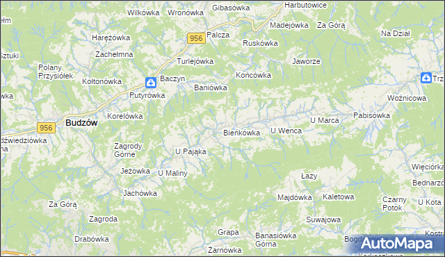mapa Bieńkówka gmina Budzów, Bieńkówka gmina Budzów na mapie Targeo
