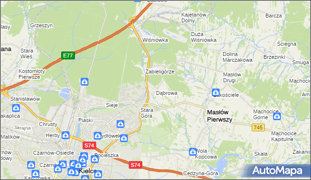 mapa Dąbrowa gmina Masłów, Dąbrowa gmina Masłów na mapie Targeo