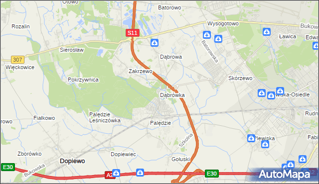 mapa Dąbrówka gmina Dopiewo, Dąbrówka gmina Dopiewo na mapie Targeo