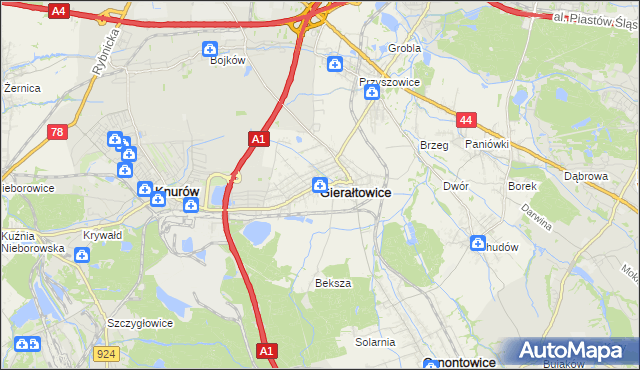 mapa Gierałtowice powiat gliwicki, Gierałtowice powiat gliwicki na mapie Targeo