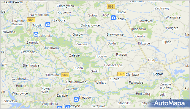 mapa Hucisko gmina Gdów, Hucisko gmina Gdów na mapie Targeo