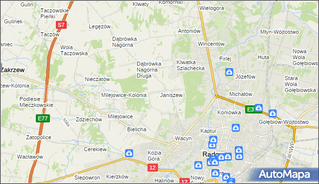 mapa Janiszew gmina Zakrzew, Janiszew gmina Zakrzew na mapie Targeo