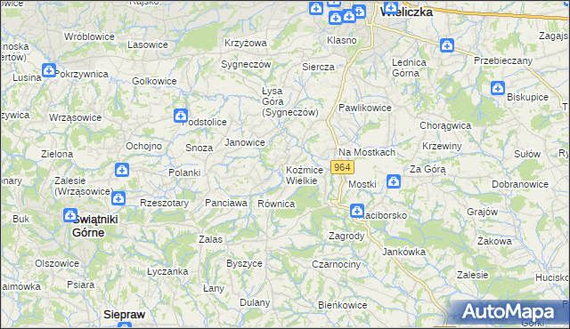 mapa Koźmice Wielkie, Koźmice Wielkie na mapie Targeo