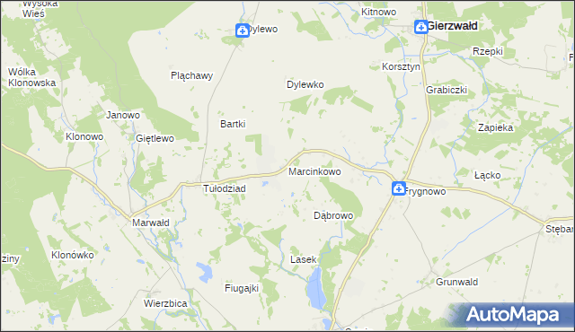 mapa Marcinkowo gmina Grunwald, Marcinkowo gmina Grunwald na mapie Targeo
