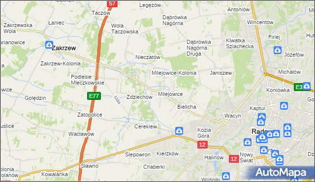 mapa Milejowice gmina Zakrzew, Milejowice gmina Zakrzew na mapie Targeo